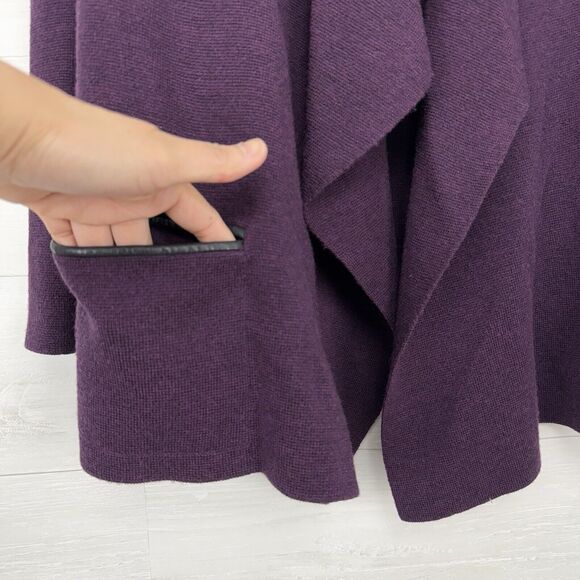 Eileen Fisher Cardigan Medium Purple Merino Wool Open Front Leather Trim Pockets - Picture 3 of 14